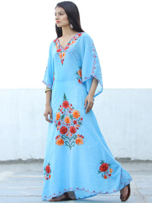 Sky Blue Red Aari Embroidered Kashmere Free Size Kaftan in Crushed Cotton - K11K057