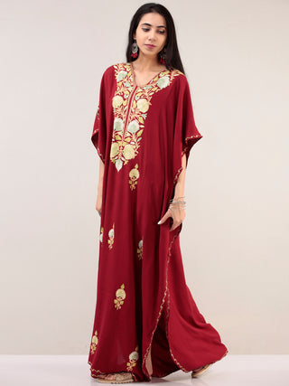 Maroon Aari Embroidered Kashmere Free Size Kaftan  - K12K026