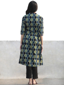 Green Black Indigo Hand Printed Ajrakh Kurta With Stand Collar - K52F1168