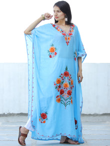Sky Blue Red Aari Embroidered Kashmere Free Size Kaftan in Crushed Cotton - K11K057
