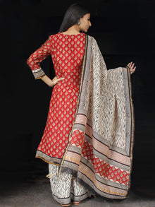 Red Black Beige Chanderi Block Printed Suit Set - Set of 3 - SS01F007