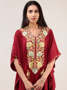 Maroon Aari Embroidered Kashmere Free Size Kaftan  - K12K026