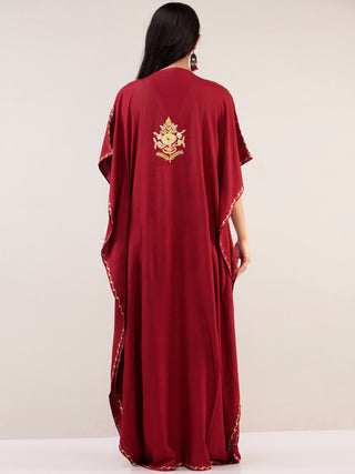 Maroon Aari Embroidered Kashmere Free Size Kaftan  - K12K026