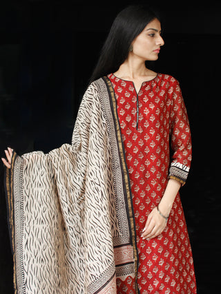 Red Black Beige Chanderi Block Printed Suit Set - Set of 3 - SS01F007