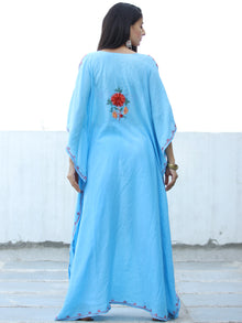 Sky Blue Red Aari Embroidered Kashmere Free Size Kaftan in Crushed Cotton - K11K057