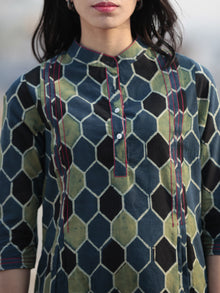 Green Black Indigo Hand Printed Ajrakh Kurta With Stand Collar - K52F1168