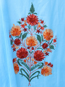 Sky Blue Red Aari Embroidered Kashmere Free Size Kaftan in Crushed Cotton - K11K057