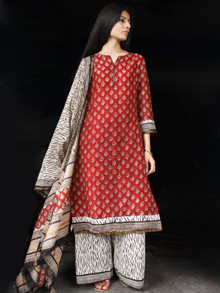 Red Black Beige Chanderi Block Printed Suit Set - Set of 3 - SS01F007