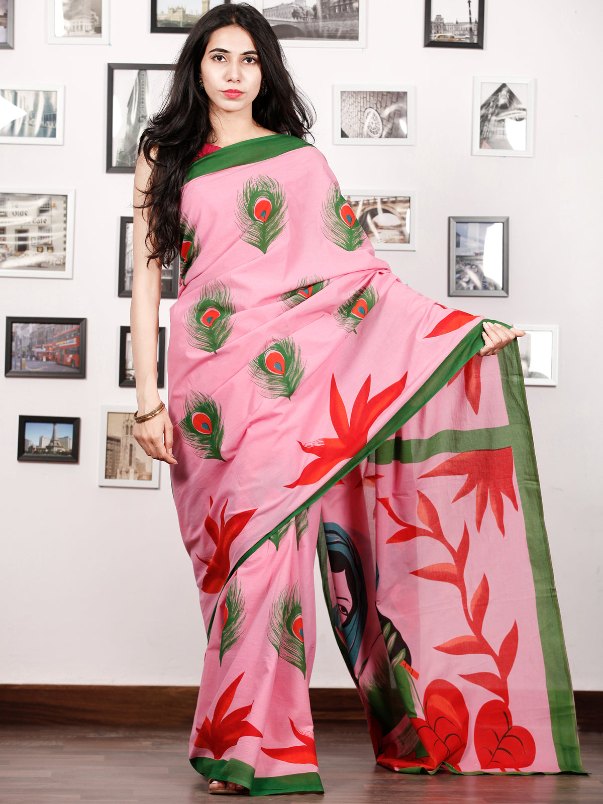 Pastel Pink Green Red Block Printed & Hand Painted Cotton Mul Saree - S031702911