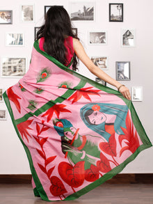 Pastel Pink Green Red Block Printed & Hand Painted Cotton Mul Saree - S031702911