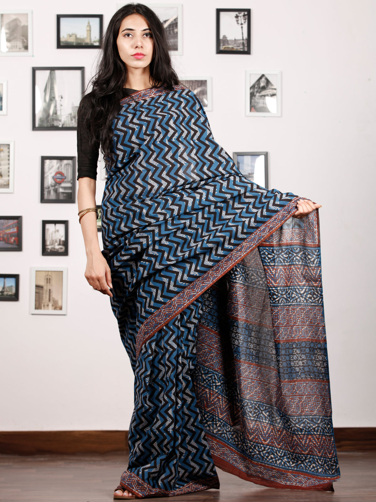 Indigo Ivory Rust Hand Block Printed Cotton Saree In Natural Colors - S031702912