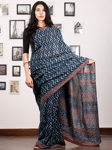 Indigo Ivory Rust Hand Block Printed Cotton Saree In Natural Colors - S031702912