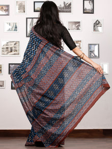 Indigo Ivory Rust Hand Block Printed Cotton Saree In Natural Colors - S031702912