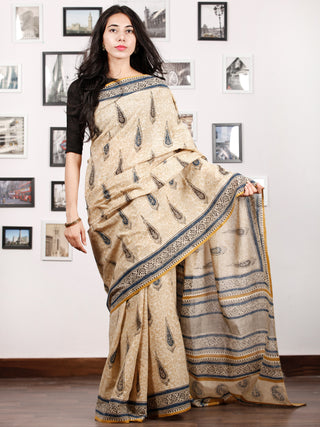 Beige Black Indigo Mustard Hand Block Printed in Natural Colors Cotton Mul Saree - S031702915