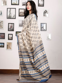 Beige Black Blue Hand Block Printed in Natural Colors Cotton Mul Saree - S031702917