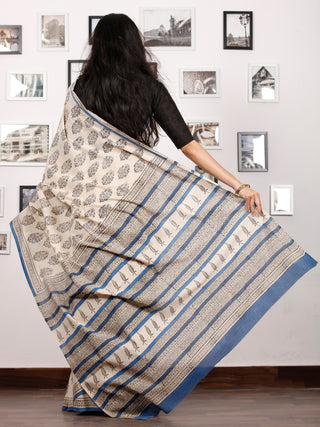 Beige Black Blue Hand Block Printed in Natural Colors Cotton Mul Saree - S031702917