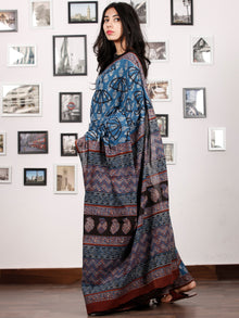Indigo White Black Rust Hand Block Printed Cotton Saree In Natural Colors - S031702918
