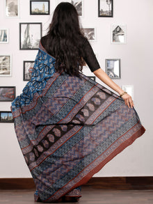 Indigo White Black Rust Hand Block Printed Cotton Saree In Natural Colors - S031702918