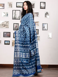Indigo White Black Rust Hand Block Printed Cotton Saree In Natural Colors - S031702919