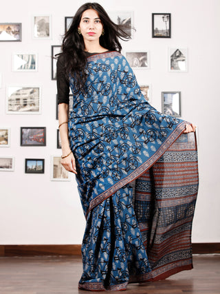 Indigo Rust Black White Hand Block Printed Cotton Saree In Natural Colors - S031702921