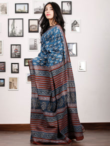 Indigo Rust Black White Hand Block Printed Cotton Saree In Natural Colors - S031702921