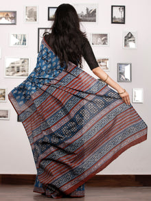 Indigo Rust Black White Hand Block Printed Cotton Saree In Natural Colors - S031702921