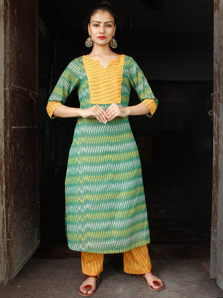 Green Yellow Silk Cotton Ikat Cotton Kurta & Pants - Set of 2  - SS01F1431