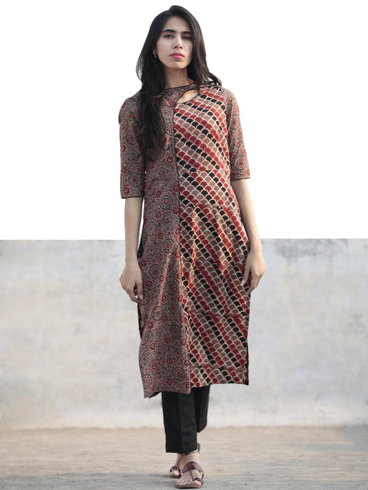 Light Brown Black Red Hand Printed Ajrakh Kurta  - K53F1181