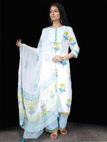 White Sky Blue Yellow Cotton Block Printed Suit - Set of 3 - SS01F008