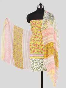 Yellow Pink Green Hand Block Printed Cotton Suit-Salwar Fabric With Chiffon Dupatta (Set of 3) - SU01HB429