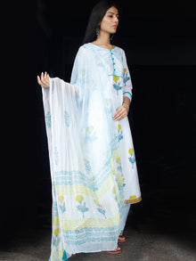 White Sky Blue Yellow Cotton Block Printed Suit - Set of 3 - SS01F008