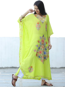 Lime Green  Aari Embroidered Kashmere Free Size Kaftan in Crushed Cotton - K11K059