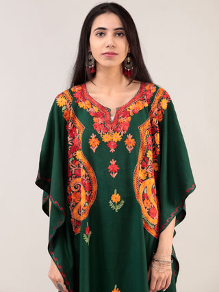 Bottle Green Orange Aari Embroidered Kashmere Free Size Kaftan  - K12K027
