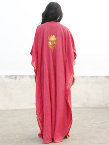 Punch Pink With Golden Yellow  Aari Embroidered Long Kashmere Free Size Kaftan in Crushed Cotton - K11K008