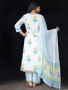 White Sky Blue Yellow Cotton Block Printed Suit - Set of 3 - SS01F008