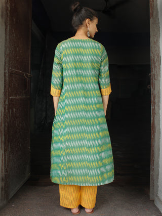 Green Yellow Silk Cotton Ikat Cotton Kurta & Pants - Set of 2  - SS01F1431