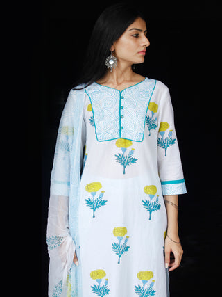 White Sky Blue Yellow Cotton Block Printed Suit - Set of 3 - SS01F008