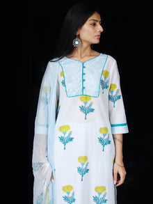 White Sky Blue Yellow Cotton Block Printed Suit - Set of 3 - SS01F008