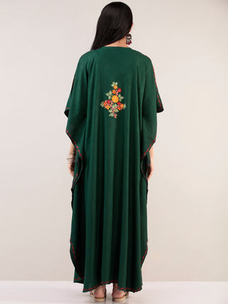 Bottle Green Orange Aari Embroidered Kashmere Free Size Kaftan  - K12K027