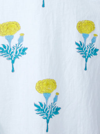 White Sky Blue Yellow Cotton Block Printed Suit - Set of 3 - SS01F008