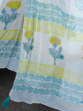 White Sky Blue Yellow Cotton Block Printed Suit - Set of 3 - SS01F008