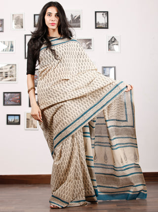 Beige Black Blue Hand Block Printed in Natural Colors Cotton Mul Saree - S031702923