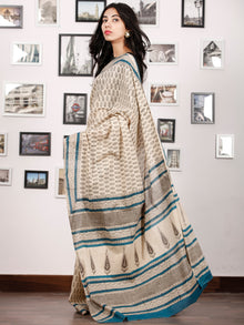 Beige Black Blue Hand Block Printed in Natural Colors Cotton Mul Saree - S031702923
