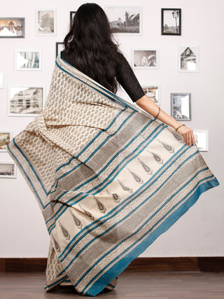 Beige Black Blue Hand Block Printed in Natural Colors Cotton Mul Saree - S031702923