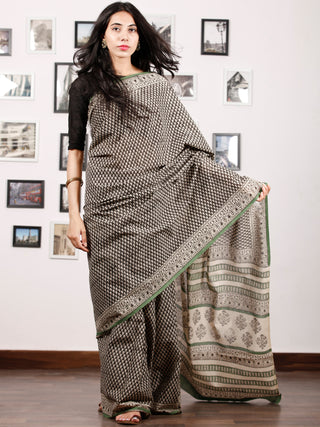 Beige Black Green Hand Block Printed in Natural Colors Cotton Mul Saree - S031702924