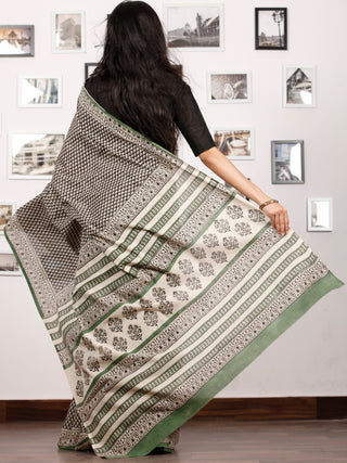 Beige Black Green Hand Block Printed in Natural Colors Cotton Mul Saree - S031702924