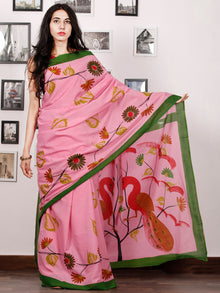 Pink Green Red Block Printed & Hand Painted Cotton Mul Saree - S031702925