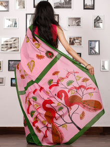 Pink Green Red Block Printed & Hand Painted Cotton Mul Saree - S031702925
