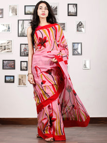 Pink Red Olive Green Block Printed & Hand Painted Cotton Mul Saree - S031702927