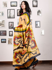 Yellow Black Red Olive Green Block Printed & Hand Painted Cotton Mul Saree - S031702928